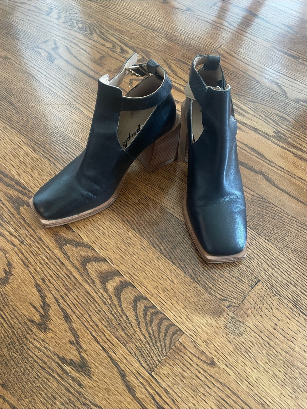 Free people Black Leather Block Heel Ankle Boots - Modern Square Toe